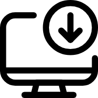 Schwarzes Umriss-Symbol eines Computermonitors mit einem Abwärtspfeil in einem Kreis darüber, der das Herunterladen oder die Installation auf einem Computer darstellt.