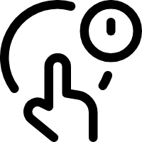 Ein schwarz-weißes Symbol einer Hand mit ausgestrecktem Zeigefinger, die auf eine runde Taste zeigt.