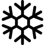 Schwarzes Schneeflocken-Symbol mit sechs symmetrischen Zweigen auf weißem Hintergrund.
