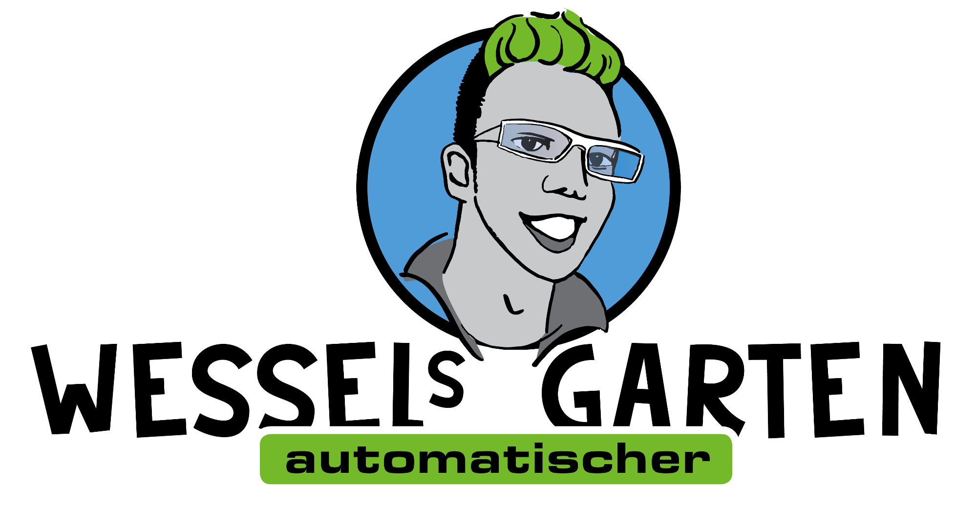 Ein Cartoon-Logo einer lächelnden Person mit grünem Haar und Brille über dem Text "Wessels Garten" und "automatischer" in einem grünen Kasten.